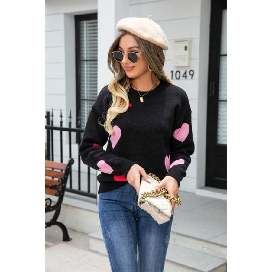 Heart Round Neck Droppped Shoulder Sweater Apparel and Accessories