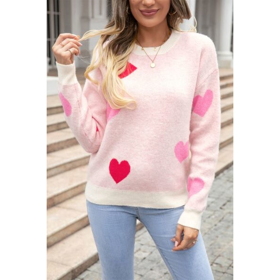 Heart Round Neck Droppped Shoulder Sweater Blush Pink / S Apparel and Accessories