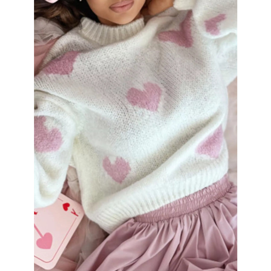 Heart Round Neck Knitted Sweater Apparel and Accessories