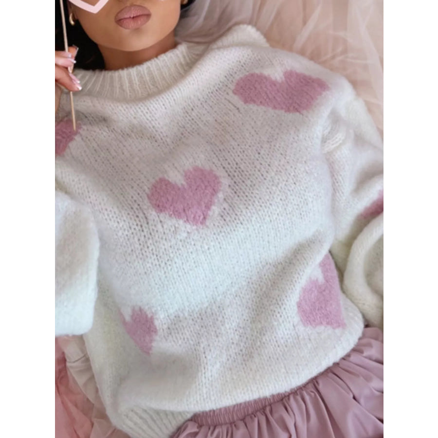 Heart Round Neck Knitted Sweater Apparel and Accessories
