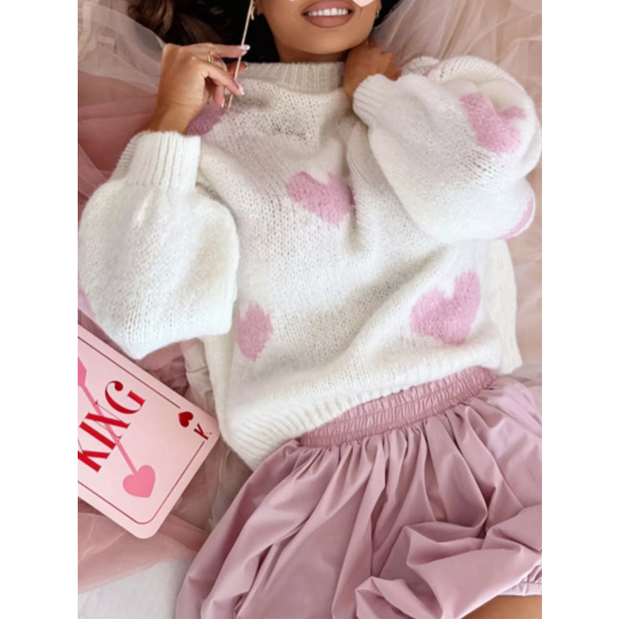 Heart Round Neck Knitted Sweater Apparel and Accessories