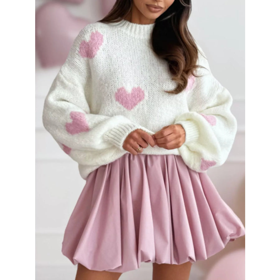 Heart Round Neck Knitted Sweater White / S Apparel and Accessories