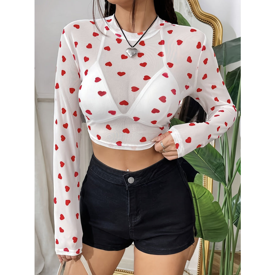 Heart Round Neck Long Sleeve Sheer Top Apparel and Accessories