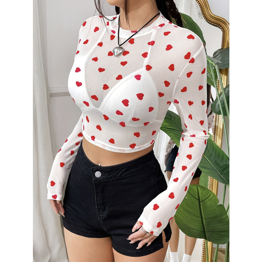 Heart Round Neck Long Sleeve Sheer Top Apparel and Accessories