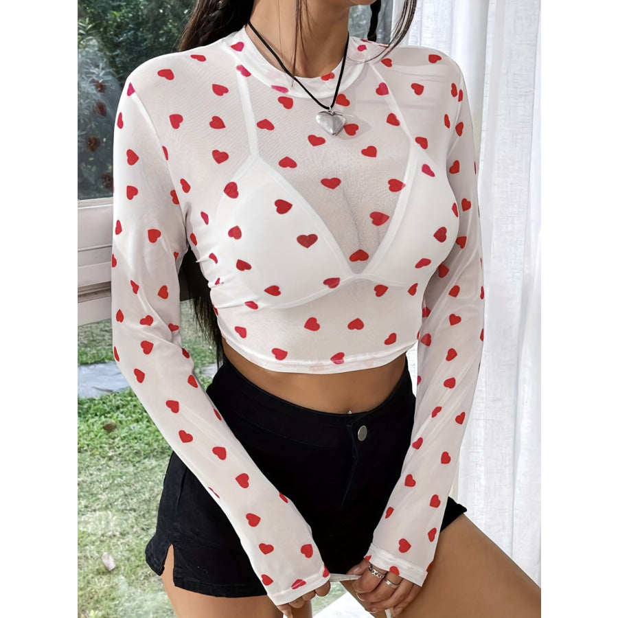 Heart Round Neck Long Sleeve Sheer Top Apparel and Accessories