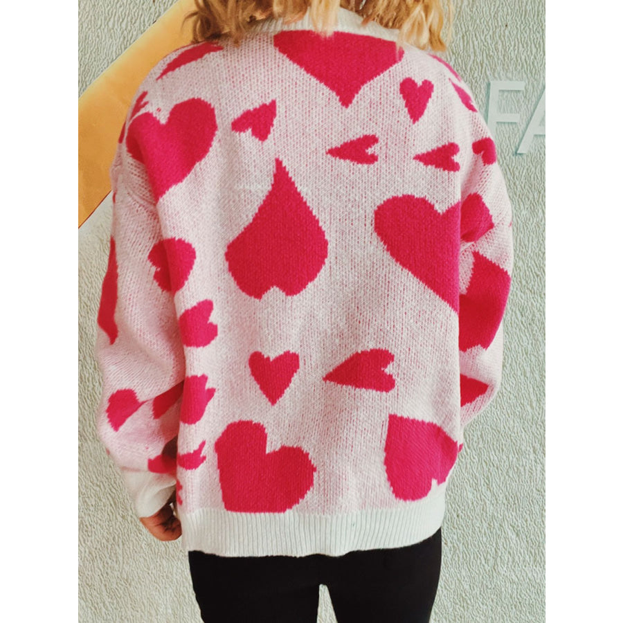 Heart Round Neck Long Sleeve Sweater Apparel and Accessories