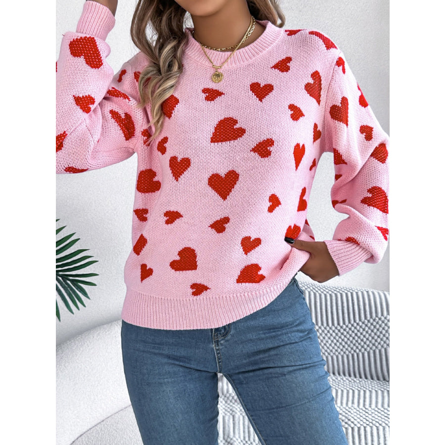 Heart Round Neck Long Sleeve Sweater Apparel and Accessories