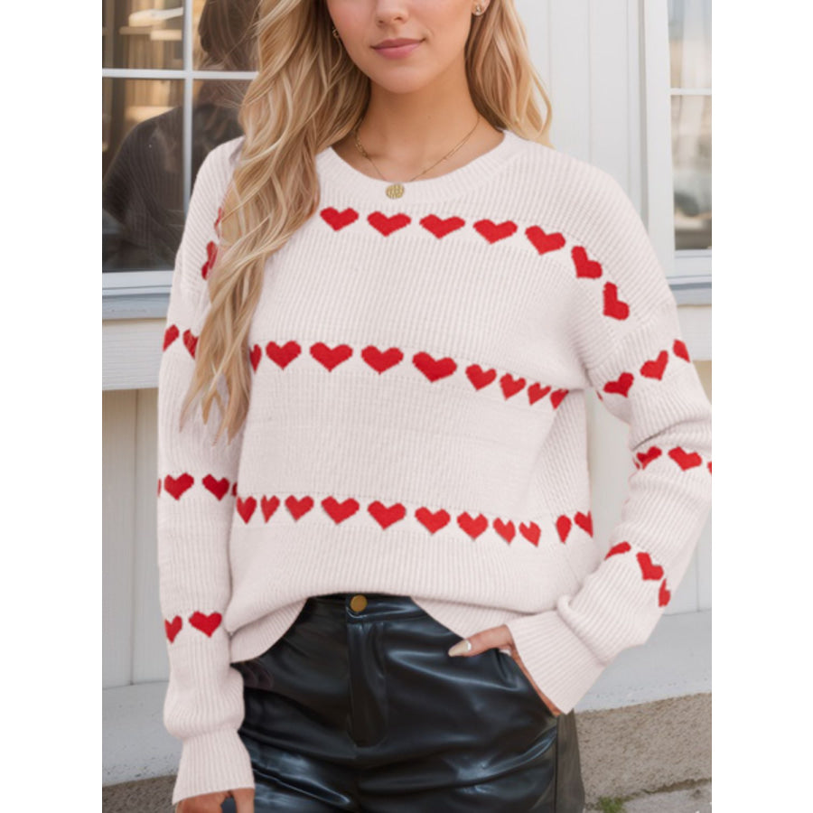 Heart Round Neck Long Sleeve Sweater Apparel and Accessories