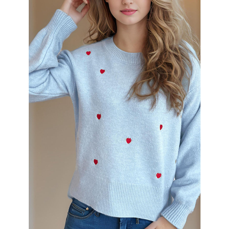 Heart Round Neck Long Sleeve Sweater Apparel and Accessories