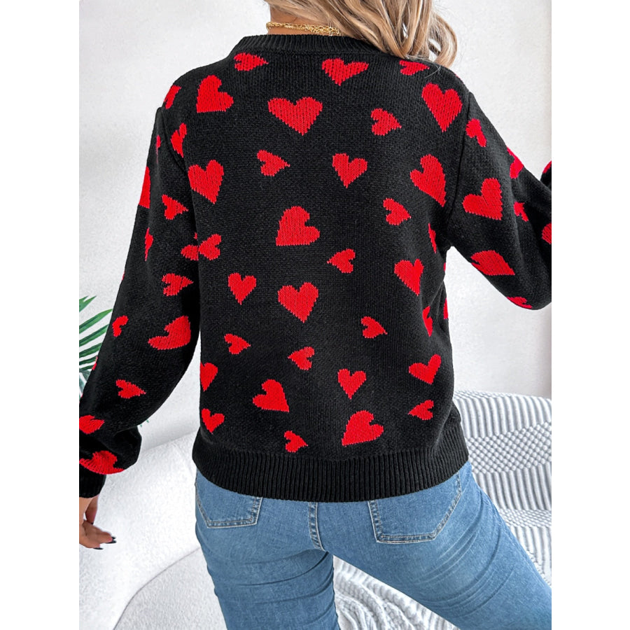 Heart Round Neck Long Sleeve Sweater Apparel and Accessories