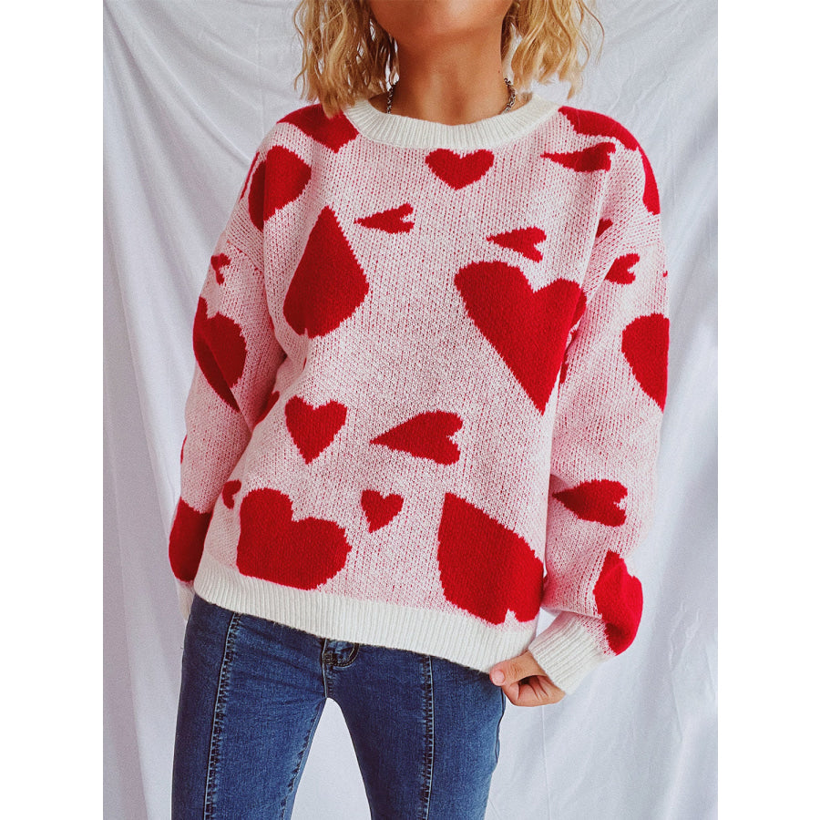 Heart Round Neck Long Sleeve Sweater Apparel and Accessories