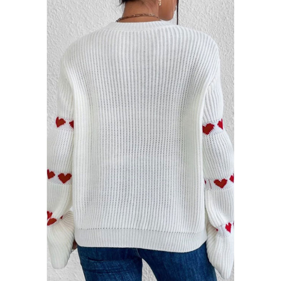 Heart Round Neck Long Sleeve Sweater Apparel and Accessories