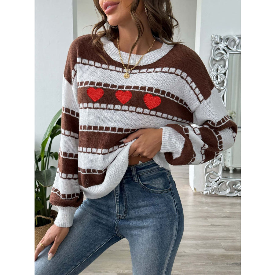 Heart Round Neck Long Sleeve Sweater Apparel and Accessories