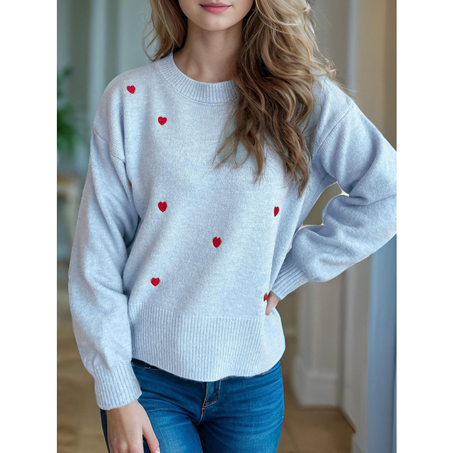 Heart Round Neck Long Sleeve Sweater Apparel and Accessories