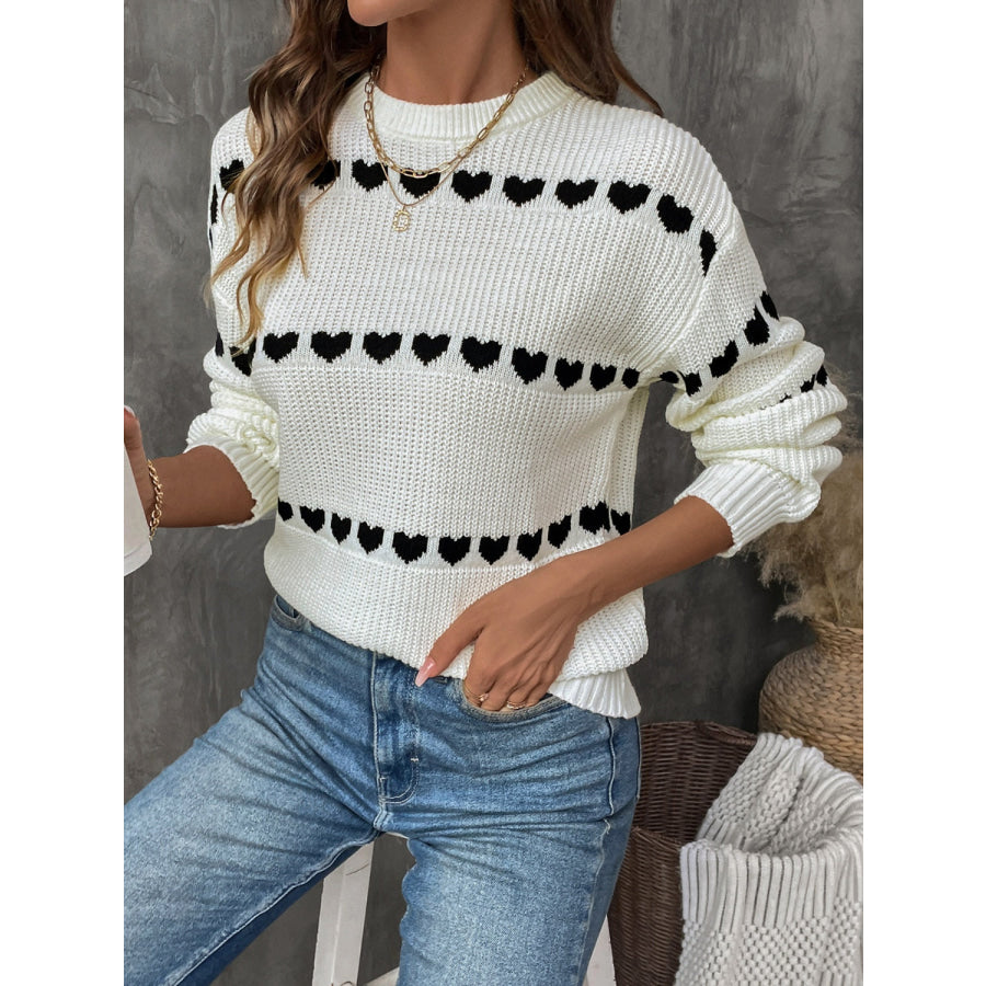 Heart Round Neck Long Sleeve Sweater Apparel and Accessories