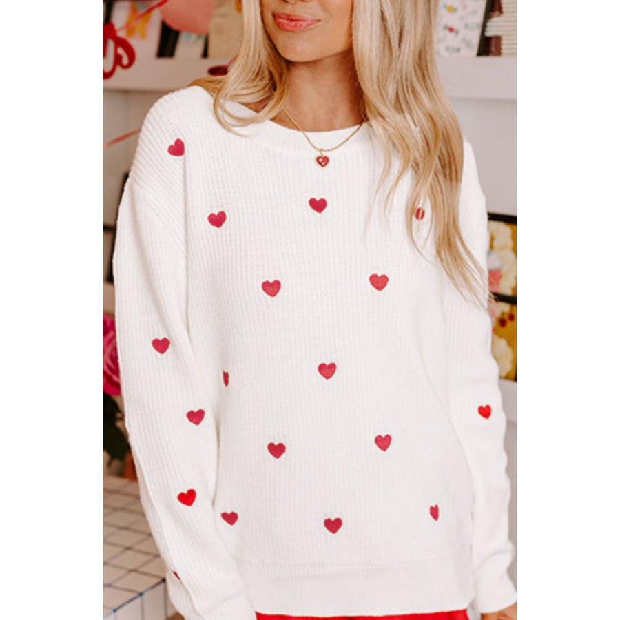 Heart Round Neck Long Sleeve Sweater Apparel and Accessories