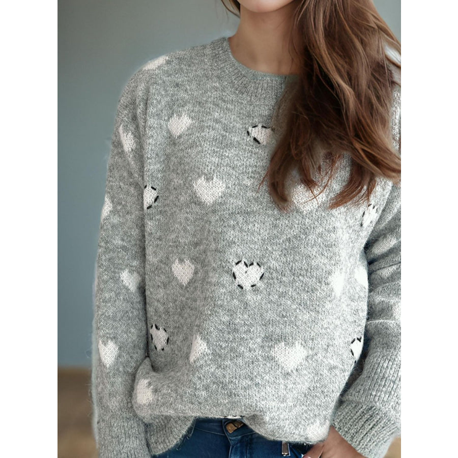 Heart Round Neck Long Sleeve Sweater Apparel and Accessories