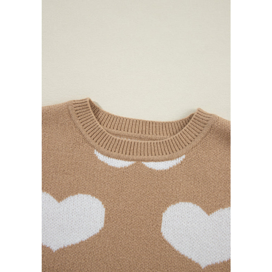 Heart Round Neck Long Sleeve Sweater Apparel and Accessories