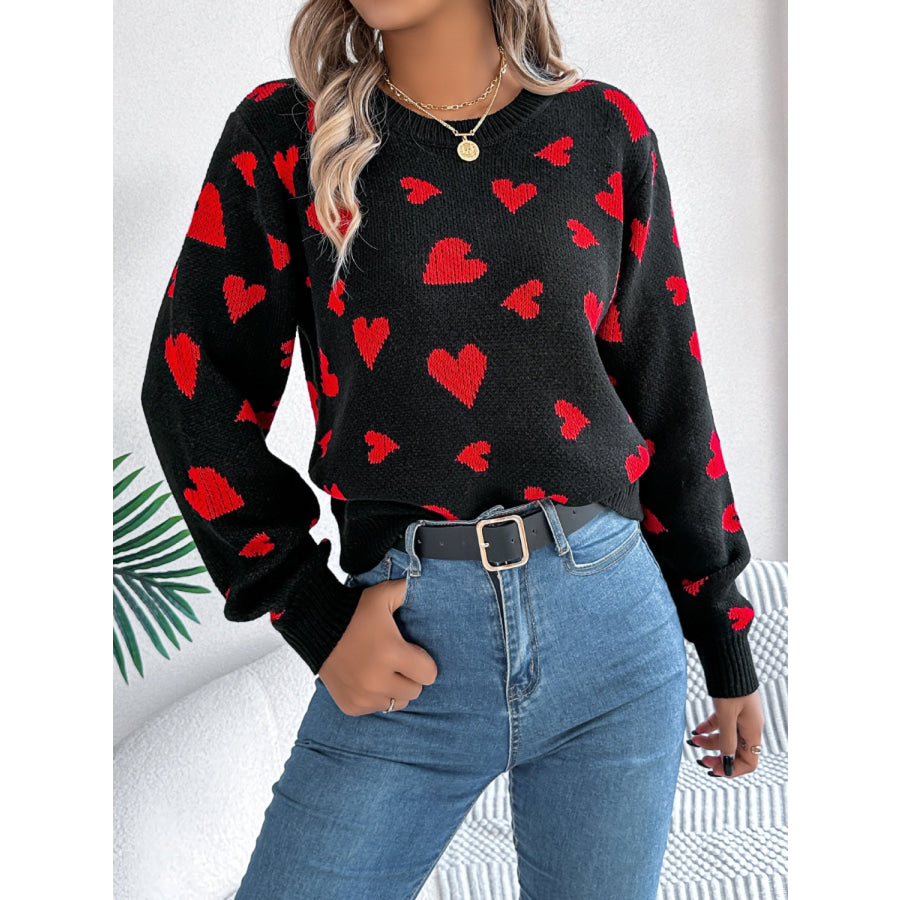 Heart Round Neck Long Sleeve Sweater Apparel and Accessories