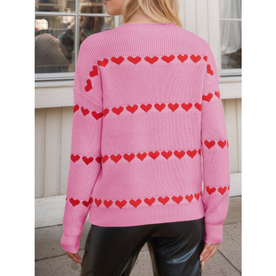 Heart Round Neck Long Sleeve Sweater Apparel and Accessories