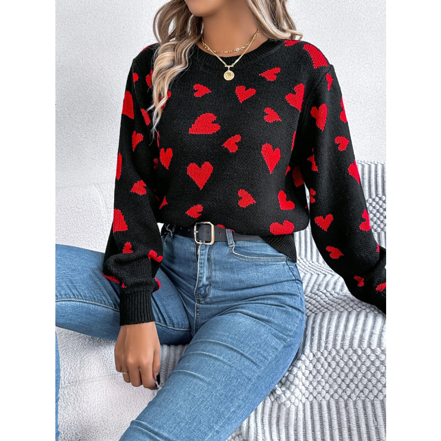 Heart Round Neck Long Sleeve Sweater Apparel and Accessories