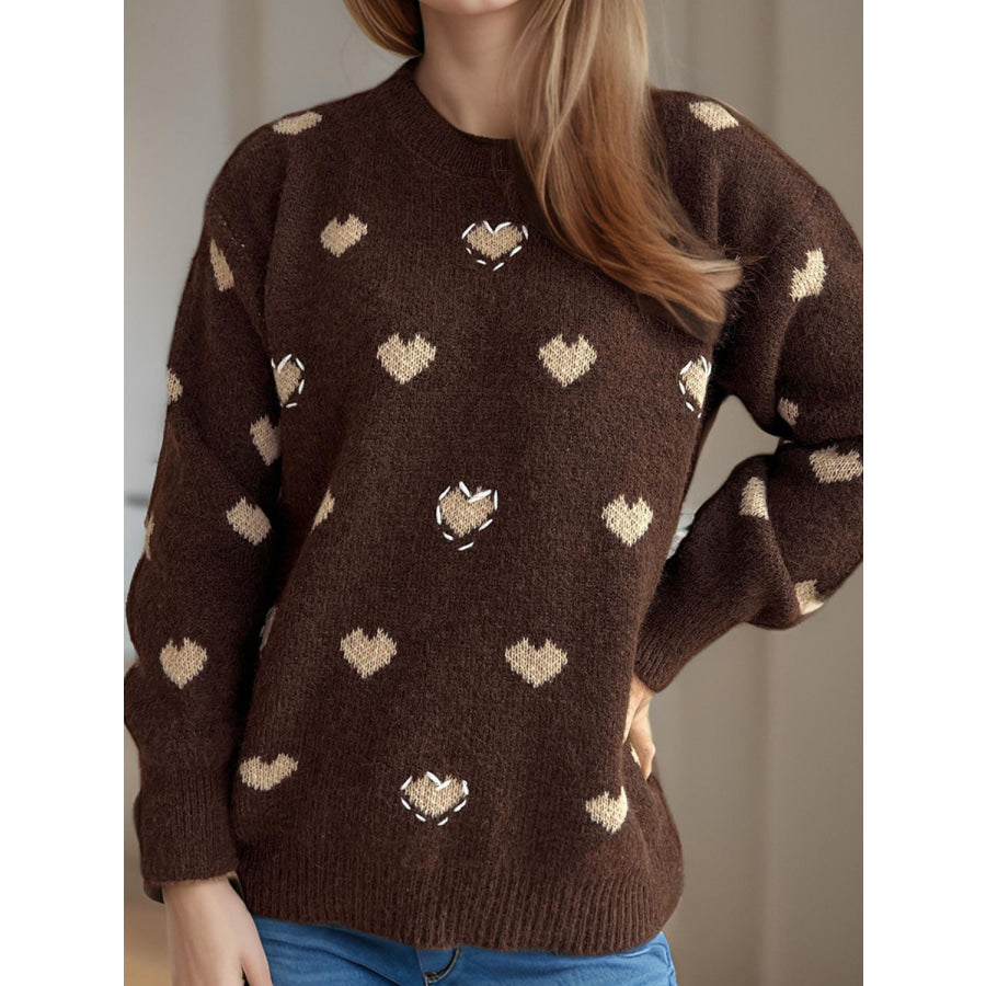 Heart Round Neck Long Sleeve Sweater Apparel and Accessories