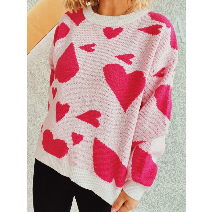 Heart Round Neck Long Sleeve Sweater Apparel and Accessories