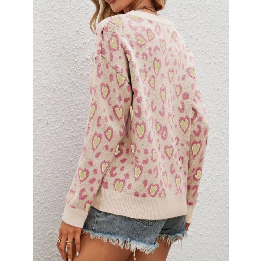 Heart Round Neck Long Sleeve Sweater Apparel and Accessories
