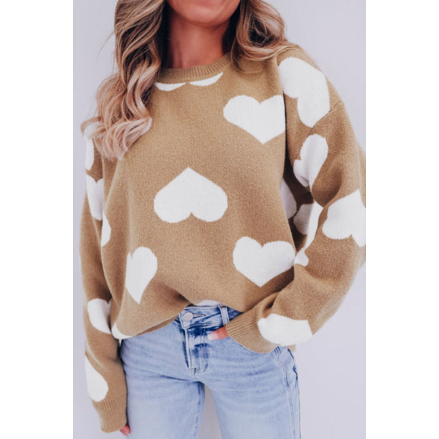 Heart Round Neck Long Sleeve Sweater Apparel and Accessories