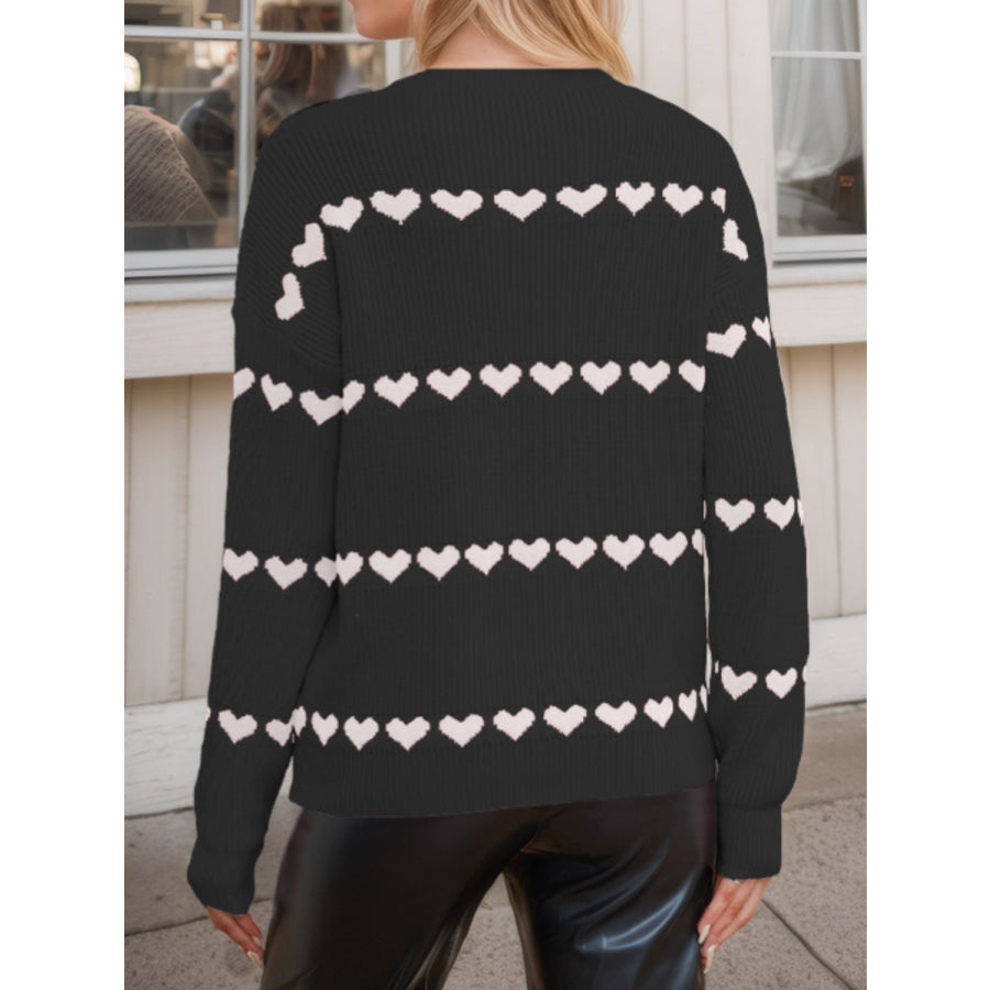 Heart Round Neck Long Sleeve Sweater Apparel and Accessories