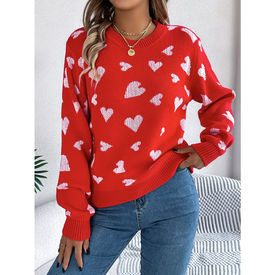 Heart Round Neck Long Sleeve Sweater Apparel and Accessories