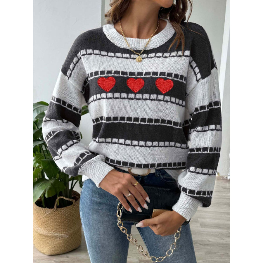 Heart Round Neck Long Sleeve Sweater Apparel and Accessories