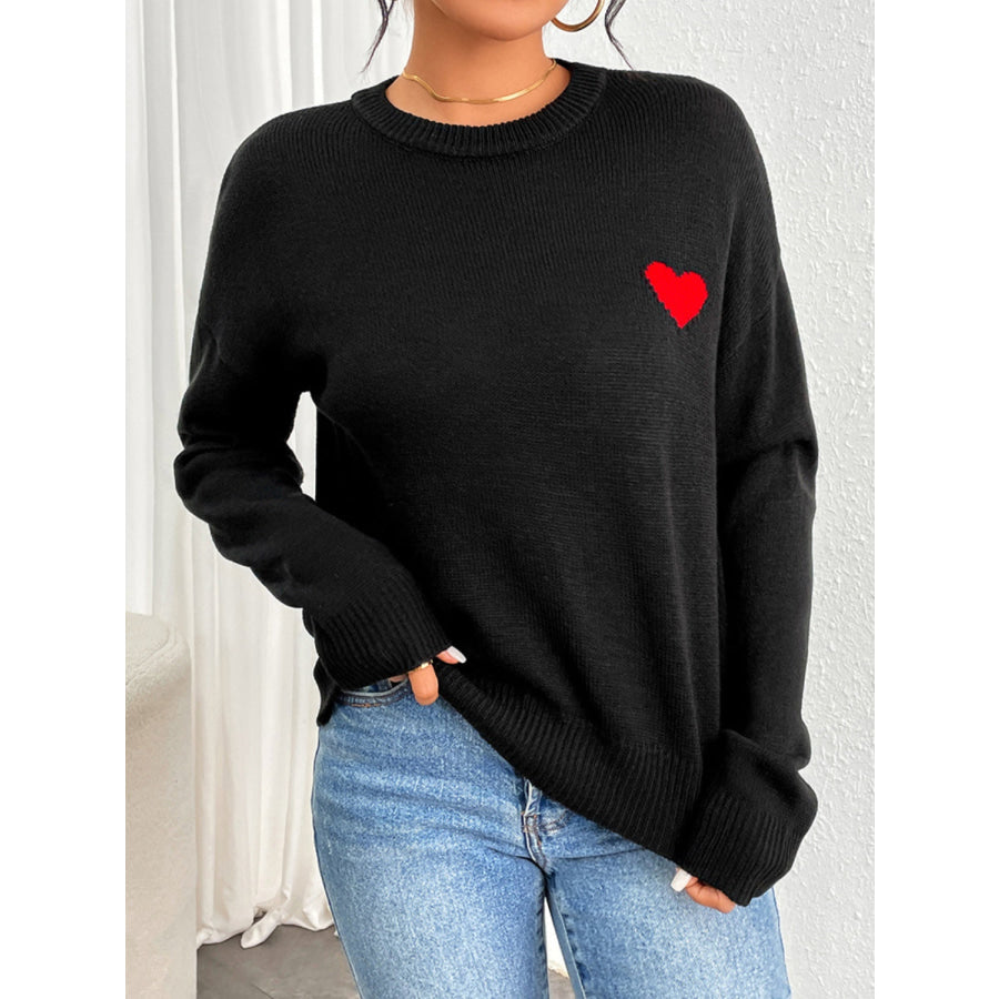 Heart Round Neck Long Sleeve Sweater Apparel and Accessories