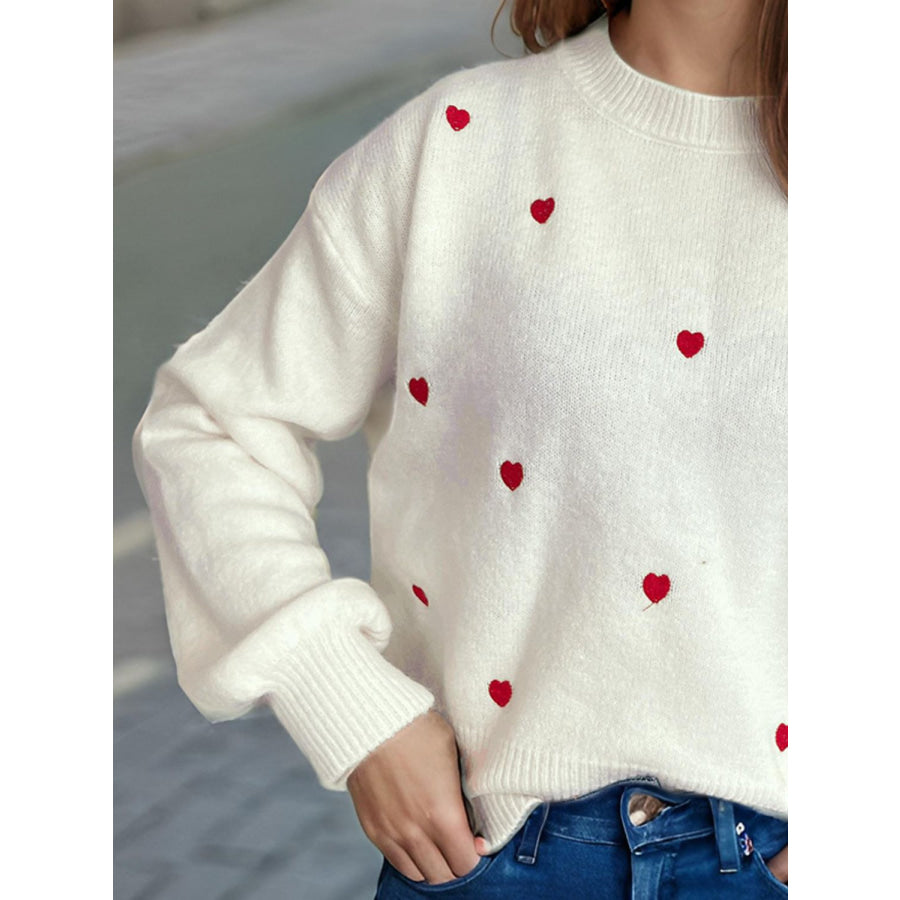 Heart Round Neck Long Sleeve Sweater Apparel and Accessories