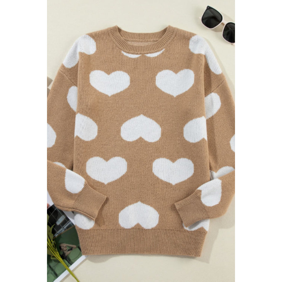 Heart Round Neck Long Sleeve Sweater Apparel and Accessories