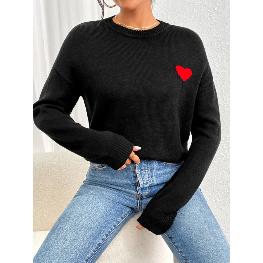 Heart Round Neck Long Sleeve Sweater Apparel and Accessories