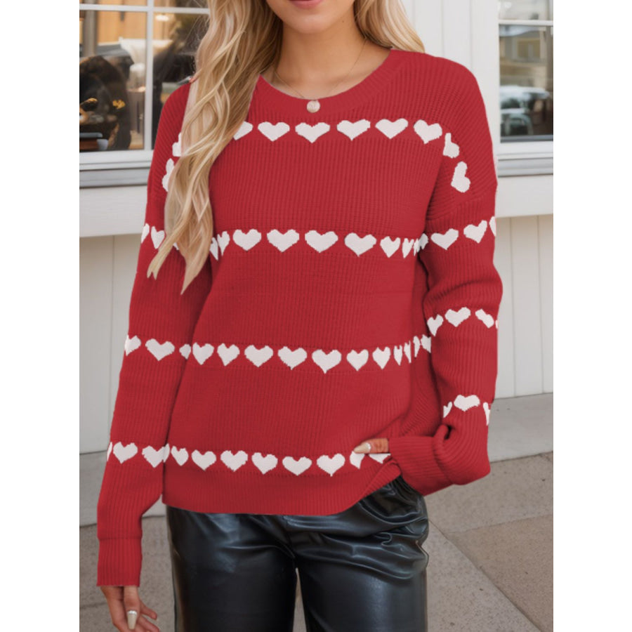 Heart Round Neck Long Sleeve Sweater Apparel and Accessories