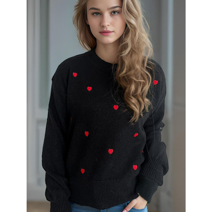 Heart Round Neck Long Sleeve Sweater Apparel and Accessories