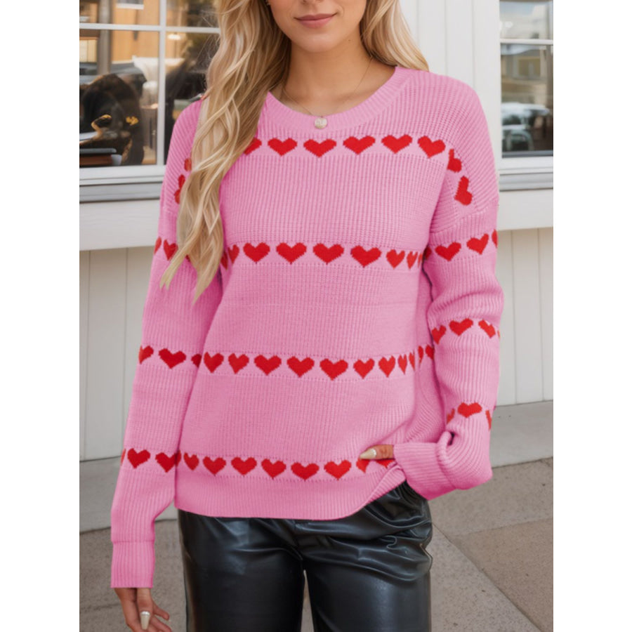 Heart Round Neck Long Sleeve Sweater Apparel and Accessories