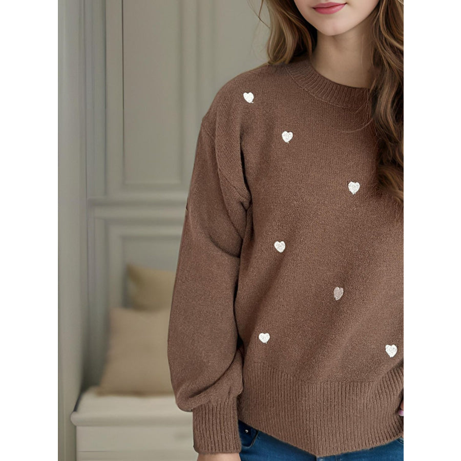 Heart Round Neck Long Sleeve Sweater Apparel and Accessories