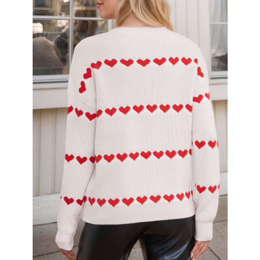 Heart Round Neck Long Sleeve Sweater Apparel and Accessories