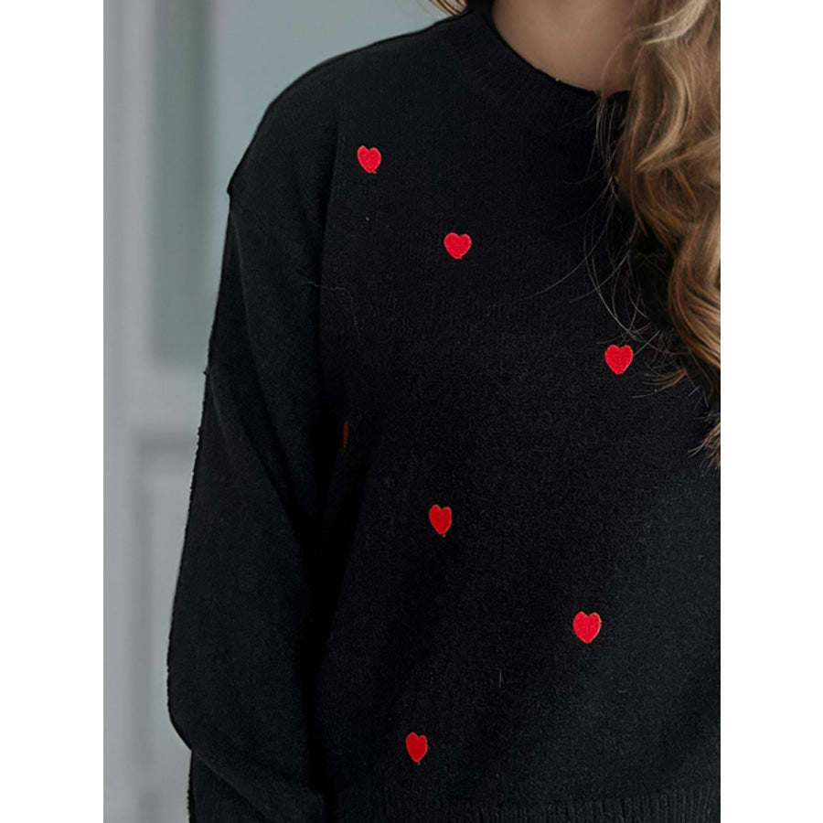 Heart Round Neck Long Sleeve Sweater Apparel and Accessories