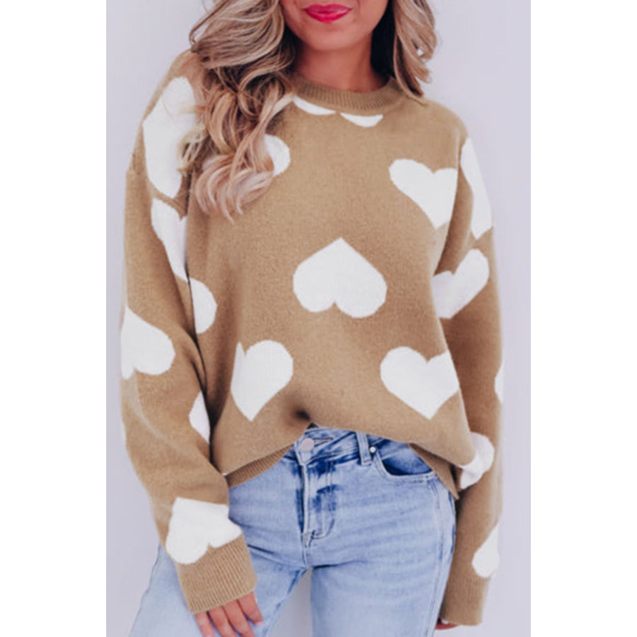 Heart Round Neck Long Sleeve Sweater Apparel and Accessories