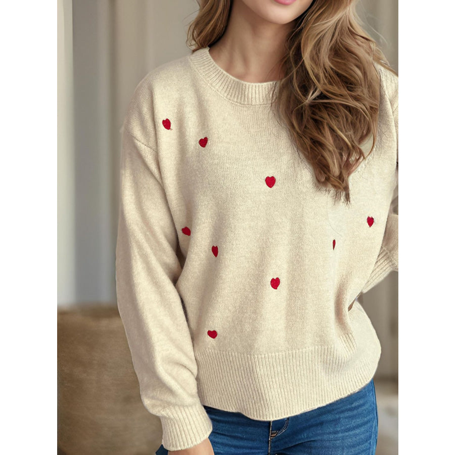 Heart Round Neck Long Sleeve Sweater Apparel and Accessories