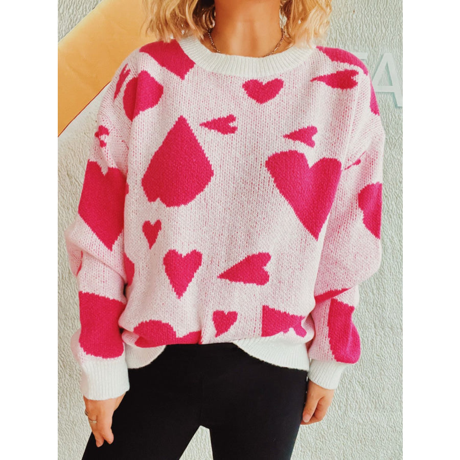 Heart Round Neck Long Sleeve Sweater Apparel and Accessories