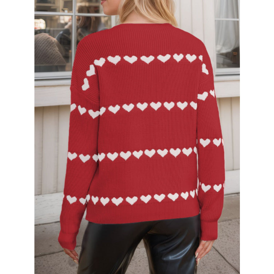 Heart Round Neck Long Sleeve Sweater Apparel and Accessories