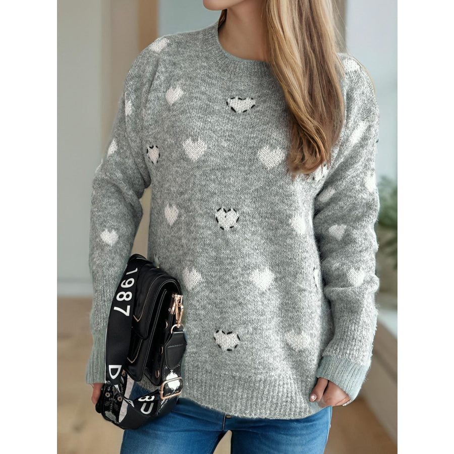 Heart Round Neck Long Sleeve Sweater Apparel and Accessories