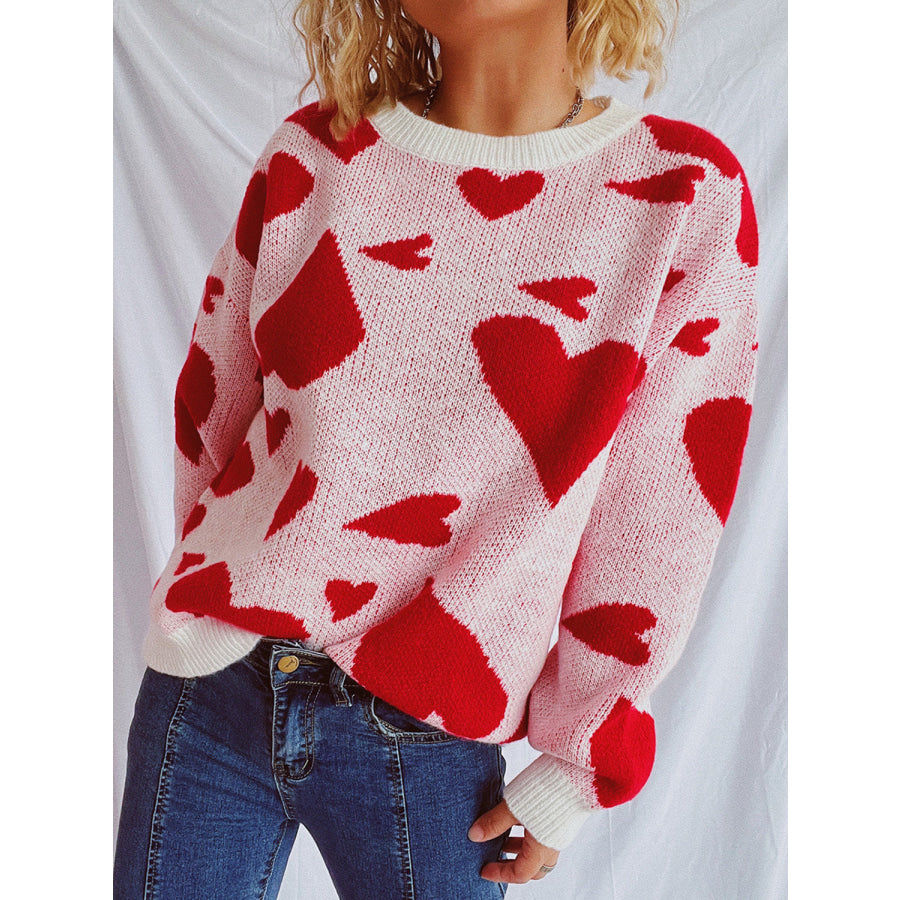 Heart Round Neck Long Sleeve Sweater Apparel and Accessories