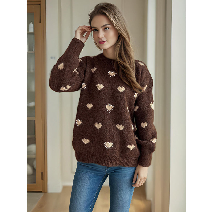 Heart Round Neck Long Sleeve Sweater Apparel and Accessories