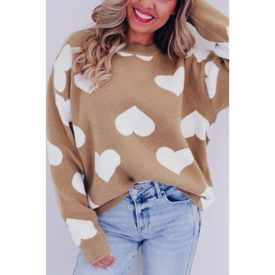 Heart Round Neck Long Sleeve Sweater Apparel and Accessories